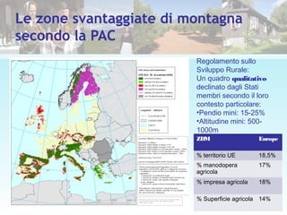 Le zone svantaggiate di montagna
secondo la PAC
ZDM Europe
% territorio UE 18,5%
% manodopera
agricola
17%
% impresa agricola 18%
% Superficie agricola 14%
Regolamento sullo
Sviluppo Rurale:
Un quadro qualitativo
declinato dagli Stati
membri secondo il loro
contesto particolare:
•Pendio mini: 15-25%
•Altitudine mini: 500-
1000m
 