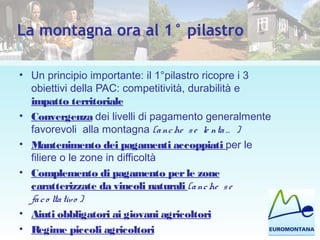 La montagna ora al 1° pilastro
• Un principio importante: il 1°pilastro ricopre i 3
obiettivi della PAC: competitività, durabilità e
impatto territoriale
• Convergenza dei livelli di pagamento generalmente
favorevoli alla montagna (anche se le nta… )
• Mantenimento dei pagamenti accoppiati per le
filiere o le zone in difficoltà
• Complemento di pagamento perle zone
caratterizzate da vincoli naturali (anche se
faco ltativo )
• Aiuti obbligatori ai giovani agricoltori
• Regime piccoli agricoltori
 
