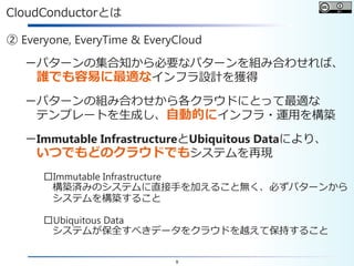 9
CloudConductorとは
② Everyone, EveryTime & EveryCloud
－パターンの集合知から必要なパターンを組み合わせれば、
誰でも容易に最適なインフラ設計を獲得
－パターンの組み合わせから各クラウドにとって最適な
テンプレートを生成し、自動的にインフラ・運用を構築
－Immutable InfrastructureとUbiquitous Dataにより、
いつでもどのクラウドでもシステムを再現
□Immutable Infrastructure
構築済みのシステムに直接手を加えること無く、必ずパターンから
システムを構築すること
□Ubiquitous Data
システムが保全すべきデータをクラウドを越えて保持すること
 