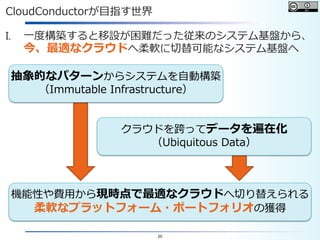 20
CloudConductorが目指す世界
機能性や費用から現時点で最適なクラウドへ切り替えられる
柔軟なプラットフォーム・ポートフォリオの獲得
クラウドを跨ってデータを遍在化
（Ubiquitous Data）
抽象的なパターンからシステムを自動構築
（Immutable Infrastructure）
I. 一度構築すると移設が困難だった従来のシステム基盤から、
今、最適なクラウドへ柔軟に切替可能なシステム基盤へ
 