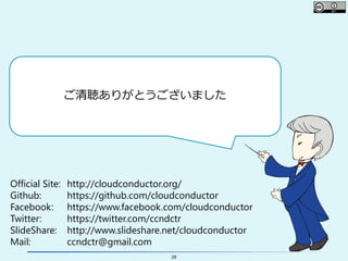 28
ご清聴ありがとうございました
Official Site:
Github:
Facebook:
Twitter:
SlideShare:
Mail:
http://cloudconductor.org/
https://github.com/cloudconductor
https://www.facebook.com/cloudconductor
https://twitter.com/ccndctr
http://www.slideshare.net/cloudconductor
ccndctr@gmail.com
 
