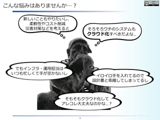 3
こんな悩みはありませんか…？
そろそろウチのシステムも
クラウド化すべきだよな…
新しいこともやりたいし、
柔軟性やコスト削減
災害対策などを考えると
でもインフラ・運用担当は
いつも忙しくて手が空かないし
イロイロ手を入れてるので
設計書と乖離してしまってるし
そもそもクラウド化して
アレコレ大丈夫なのかな…？
 
