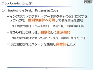 7
CloudConductorとは
① Infrastructure Design Patterns as Code
－インフラストラクチャ・アーキテクチャの設計に関する
ノウハウを、個別の要件へ分解して依存関係を整理
□「業務の実現」「データ保全」「負荷分散」「業務継続」等
－定められた仕様に従い抽象化して形式知化
□専門家の暗黙知に頼っていたインフラ・運用設計をパターン化
－形式知化されたパターンを集積し集合知を形成
 