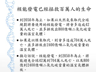 核能發電已經拯救百萬人的生命
● 到2050年為止，如果以天然氣來取代全球
規劃將要使用的核能發電，將會多造成42
萬人死亡、並多排放出800億噸二氧化碳當
量的溫室氣體；
● 如果是以煤來取代，則會多造成704萬人死
亡、並多排放出2400億噸二氧化碳當量的
溫室氣體。
● 換句話說，核能發電，到2050年為止，將
能避免全球42萬到704萬人死亡、以及800
億到2400億噸二氧化碳當量的溫室氣體排
放。
 