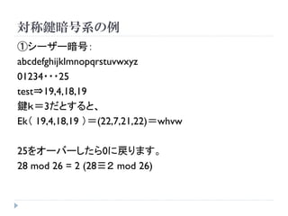 対称鍵暗号系の例
①シーザー暗号：
abcdefghijklmnopqrstuvwxyz
01234・・・25
test⇒19,4,18,19
鍵ｋ＝3だとすると、
Ek（ 19,4,18,19 ）＝(22,7,21,22)＝whvw
25をオーバーしたら0に戻ります。
28 mod 26 = 2 (28≡２ mod 26)
 