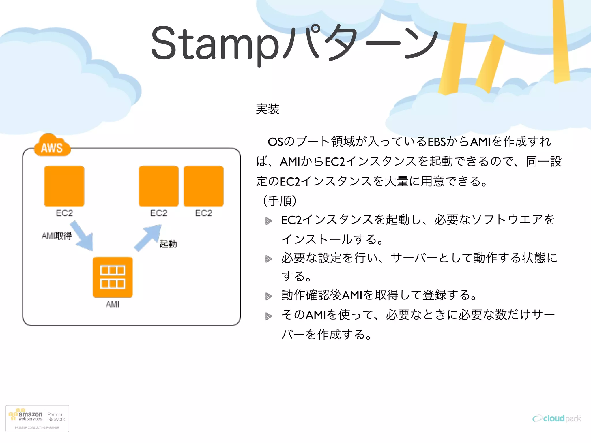 Stampパターン
実装	

!
 OSのブート領域が入っているEBSからAMIを作成すれ
ば、AMIからEC2インスタンスを起動できるので、同一設
定のEC2インスタンスを大量に用意できる。	

（手順）	

EC2インスタンスを起動し、必要なソフトウエアを
インストールする。	

必要な設定を行い、サーバーとして動作する状態に
する。	

動作確認後AMIを取得して登録する。	

そのAMIを使って、必要なときに必要な数だけサー
バーを作成する。
 