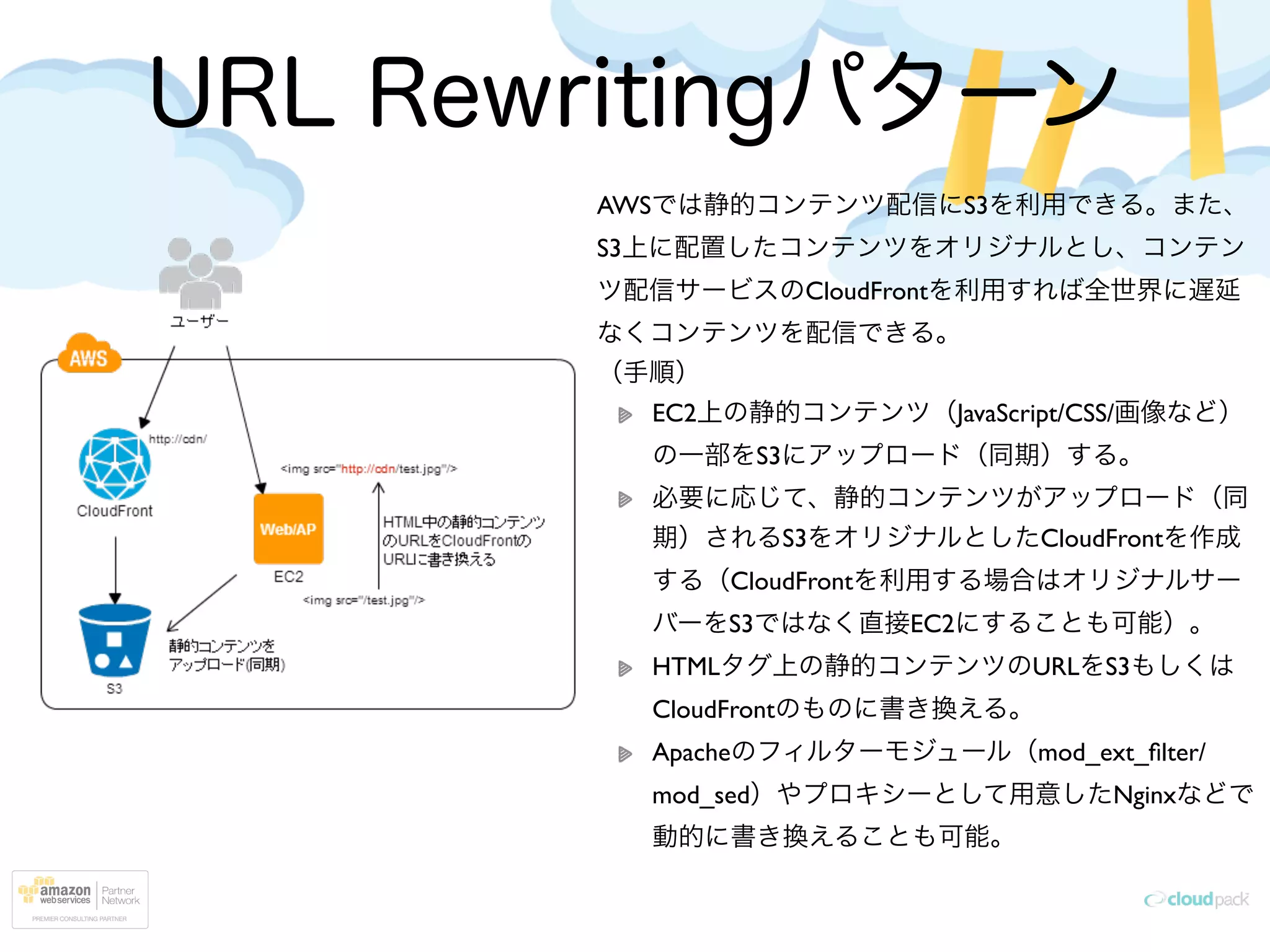 URL Rewritingパターン
AWSでは静的コンテンツ配信にS3を利用できる。また、
S3上に配置したコンテンツをオリジナルとし、コンテン
ツ配信サービスのCloudFrontを利用すれば全世界に遅延
なくコンテンツを配信できる。	

（手順）	

EC2上の静的コンテンツ（JavaScript/CSS/画像など）
の一部をS3にアップロード（同期）する。	

必要に応じて、静的コンテンツがアップロード（同
期）されるS3をオリジナルとしたCloudFrontを作成
する（CloudFrontを利用する場合はオリジナルサー
バーをS3ではなく直接EC2にすることも可能）。	

HTMLタグ上の静的コンテンツのURLをS3もしくは
CloudFrontのものに書き換える。	

Apacheのフィルターモジュール（mod_ext_ﬁlter/
mod_sed）やプロキシーとして用意したNginxなどで
動的に書き換えることも可能。
 