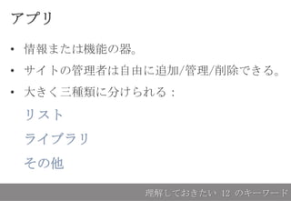 アプリ
• 情報または機能の器。
• サイトの管理者は自由に追加/管理/削除できる。
• 大きく三種類に分けられる：
リスト
ライブラリ
その他
理解しておきたい 12 のキーワード
 