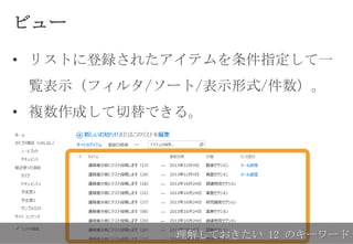 ビュー
• リストに登録されたアイテムを条件指定して一
覧表示（フィルタ/ソート/表示形式/件数）。
• 複数作成して切替できる。
理解しておきたい 12 のキーワード
 