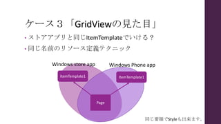 ケース３「GridViewの見た目」
• ストアアプリと同じItemTemplateでいける？
• 同じ名前のリソース定義テクニック
ItemTemplate1 ItemTemplate1
Page
Windows store app Windows Phone app
同じ要領でStyleも出来ます。
 