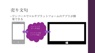 売り文句
• ワンソースでマルチプラットフォームのアプリが開
発できる
ローミング
データ共有
ストア上で同
じアプリ扱い
 
