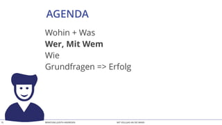 BERATUNG JUDITH ANDRESEN MIT VOLLGAS AN DIE WAND
AGENDA
15
Wohin + Was
Wer, Mit Wem
Wie
Grundfragen => Erfolg
 