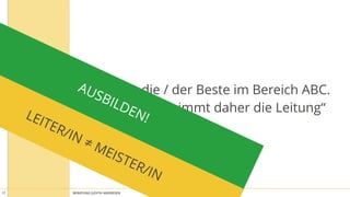 BERATUNG JUDITH ANDRESEN MIT VOLLGAS AN DIE WAND17
„XYZ ist die / der Beste im Bereich ABC.  
Sie / Er übernimmt daher die Leitung“LEITER/IN ≠ MEISTER/IN
AUSBILDEN!
 