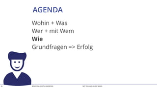 BERATUNG JUDITH ANDRESEN MIT VOLLGAS AN DIE WAND
AGENDA
26
Wohin + Was
Wer + mit Wem
Wie
Grundfragen => Erfolg
 