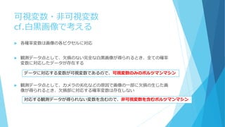 可視変数・非可視変数
cf.白黒画像で考える
 各確率変数は画像の各ピクセルに対応
 観測データ点として、欠損のない完全な白黒画像が得られるとき、全ての確率
変数に対応したデータが存在する
 観測データ点として、カメラの劣化などの原因で画像の一部に欠損の生じた画
像が得られるとき、欠損部に対応する確率変数は存在しない
データに対応する変数が可視変数であるので、可視変数のみのボルツマンマシン
対応する観測データが得られない変数を含むので、非可視変数を含むボルツマンマシン
 