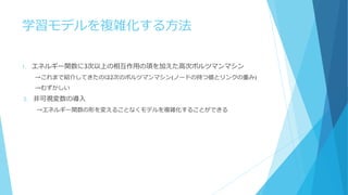 学習モデルを複雑化する方法
1. エネルギー関数に3次以上の相互作用の項を加えた高次ボルツマンマシン
→これまで紹介してきたのは2次のボルツマンマシン(ノードの持つ値とリンクの重み)
→むずかしい
2. 非可視変数の導入
→エネルギー関数の形を変えることなくモデルを複雑化することができる
 