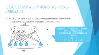 リストリクティッドボルツマンマシン
(RBM)とは
 リストリクティッドボルツマンマシン(Restricted Bolzmann Machine:RBM)
 完全2部グラフ上に定義された非可視変数なしのボルツマンマシン
・・・
・・・
m個
n個
𝒉
𝒗
同層内のリンク結合は無し、異層間に
のみリンク結合が存在
可視変数はn個、非可視変数はm個
それぞれ
𝑉 = {1, ⋯ , 𝑛}
𝐻 = {𝑛 + 1, ⋯ , 𝑛 + 𝑚}
 