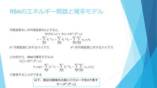 RBMのエネルギー関数と確率モデル
可視変数を𝑣, 非可視変数をℎとすると、
Φ 𝑋 𝜃, 𝜔 = Φ(𝑣, ℎ|𝜃 𝑣
, 𝜃ℎ
, 𝜔)
= − 𝜃𝑖⁡ 𝑣
𝑣𝑖 − 𝜃𝑗⁡ℎ
ℎ𝑗 − 𝜔𝑖𝑗 𝑣𝑖ℎ𝑗
𝑗∈𝐻𝑖∈𝑉𝑗∈𝐻𝑖∈𝑉
𝜃 𝑣:可視変数に対するバイアス 𝜃ℎ:非可視変数に対するバイアス
上の式から、RBMの確率モデルは
𝑃𝐵 𝑣, ℎ 𝜃 𝑣
, 𝜃ℎ
, 𝜔 ⁡⁡⁡⁡⁡⁡⁡⁡⁡⁡⁡⁡⁡⁡⁡⁡⁡⁡⁡⁡⁡⁡⁡⁡⁡⁡⁡⁡⁡⁡⁡⁡⁡⁡⁡⁡⁡⁡⁡⁡⁡⁡⁡⁡⁡⁡⁡⁡⁡⁡⁡⁡⁡⁡⁡⁡⁡⁡⁡⁡⁡⁡⁡⁡⁡⁡⁡⁡⁡⁡⁡⁡⁡⁡⁡⁡⁡⁡⁡⁡⁡⁡⁡⁡⁡⁡⁡⁡⁡⁡⁡⁡⁡⁡⁡⁡⁡⁡⁡⁡⁡⁡
∝ exp⁡(− 𝜃𝑖⁡ 𝑣
𝑣𝑖 − 𝜃𝑗⁡ℎ
ℎ𝑗 − 𝜔𝑖𝑗 𝑣𝑖ℎ𝑗
𝑗∈𝐻𝑖∈𝑉𝑗∈𝐻𝑖∈𝑉
)
で表現することができる
以下、表記の簡単化の為にパラメータをΘで表す
Θ = {𝜃 𝑣
, 𝜃ℎ
, 𝜔}
 