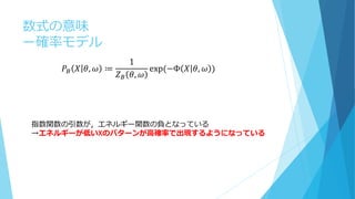 数式の意味
ー確率モデル
𝑃𝐵 𝑋 𝜃, 𝜔 ≔
1
𝑍 𝐵 𝜃, 𝜔
exp⁡(−Φ 𝑋 𝜃, 𝜔 )
指数関数の引数が，エネルギー関数の負となっている
→エネルギーが低いXのパターンが高確率で出現するようになっている
 