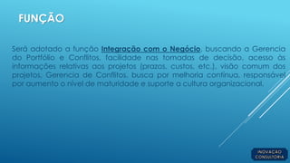 FUNÇÃO
Será adotado a função Integração com o Negócio, buscando a Gerencia
do Portfólio e Conflitos, facilidade nas tomadas de decisão, acesso às
informações relativas aos projetos (prazos, custos, etc.), visão comum dos
projetos, Gerencia de Conflitos, busca por melhoria contínua, responsável
por aumento o nível de maturidade e suporte a cultura organizacional.
 