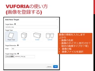 VUFORIAの使い方
(画像を登録する)
画像の情報を入力します
上から
・画像の名前
・画像のタイプ(１枚だけか？
箱状の画像タイプか？等)
• 画像の幅
• 画像ファイルを選択
 