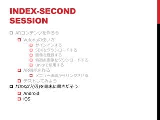INDEX-SECOND
SESSION
 ARコンテンツを作ろう
 Vuforiaの使い方
 サインインする
 SDKをダウンロードする
 画像を登録する
 特徴点画像をダウンロードする
 Unityで使用する
 AR機能を作る
 メニュー画面からリンクさせる
 テストしてみよう
 なめなび(仮)を端末に書きだそう
 Android
 iOS
 