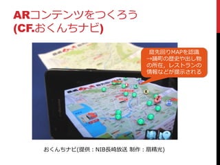 ARコンテンツをつくろう
(CF.おくんちナビ)
おくんちナビ(提供：NIB長崎放送 制作：扇精光)
庭先回りMAPを認識
→踊町の歴史や出し物
の所在，レストランの
情報などが提示される
 