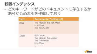 転置インデックス
•  どのキーワードがどのドキュメントに存在するか
あらかじめ索索引を作成しておく
Term Documents (Posting List)
Iron The Man in the Iron Mask
Iron Man
The Iron Giant
...
Man Rain Man
The Man in the Moon
The Third Man
Iron Man
...
 