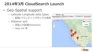 2014年年3⽉月  CloudSearch  Launch
•  Geo-‐‑‒Spatial  support
–  Latitude-‐‑‒Longitude  data  types
•  範囲/バウンディングボックス検索索
–  Distance  sort
•  球⾯面上の距離離(haversin)
•  near  me  等
 