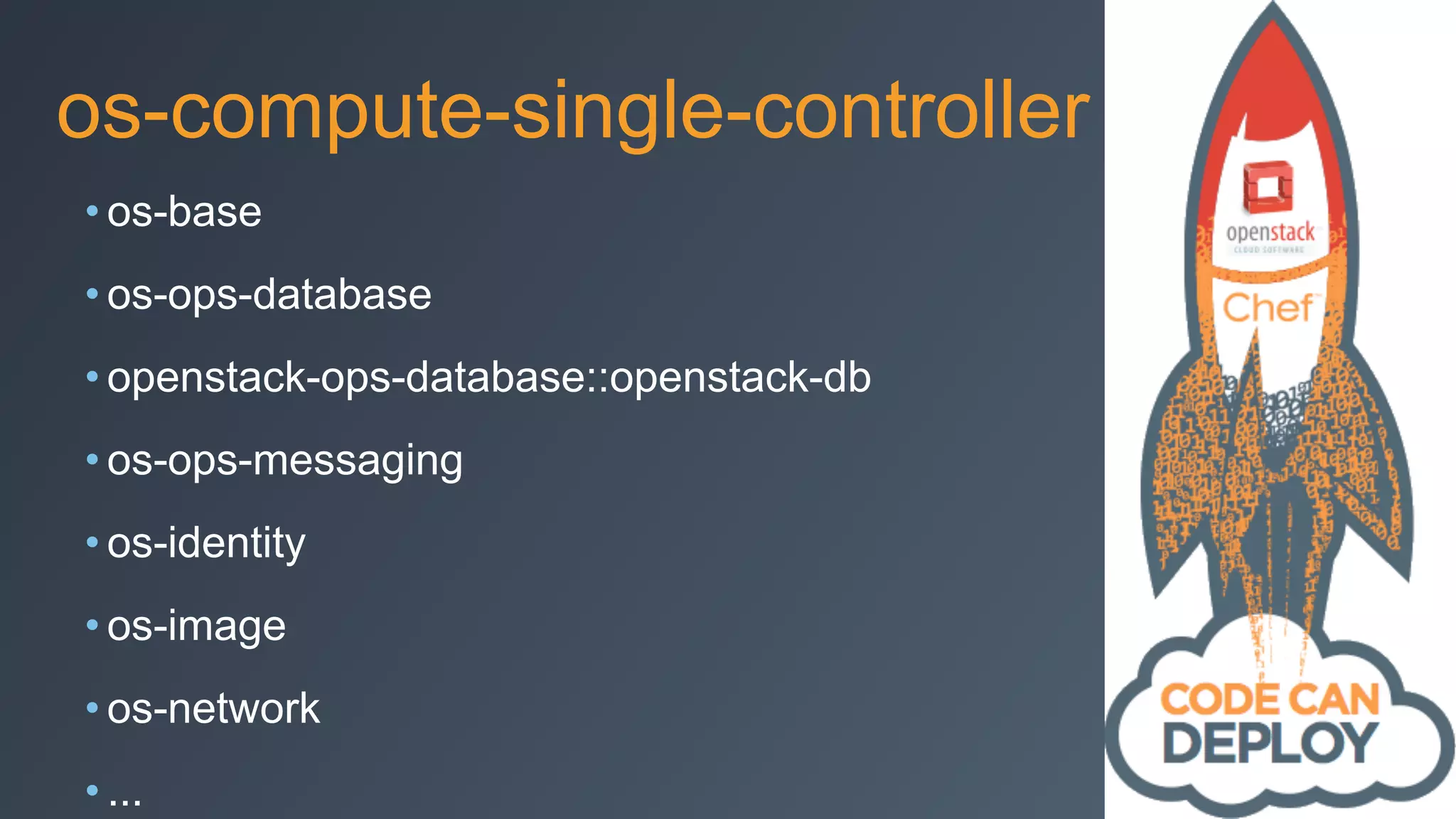 os-compute-single-controller
• os-base
• os-ops-database
• openstack-ops-database::openstack-db
• os-ops-messaging
• os-identity
• os-image
• os-network
• ...
 