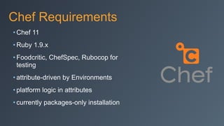 Chef Requirements
• Chef 11
• Ruby 1.9.x
• Foodcritic, ChefSpec, Rubocop for
testing
• attribute-driven by Environments
• platform logic in attributes
• currently packages-only installation
 