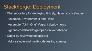 StackForge: Deployment
• Chef repository for deploying Grizzly, Havana or Icehouse
•example Environments and Roles
•example "All-in-One" Vagrant deployments
•github.com/stackforge/openstack-chef-repo
• Gated by review.openstack.org
•More single and multi-node testing coming
 