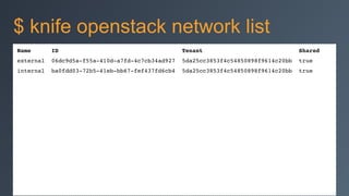 Name ID Tenant Shared!
external 06dc9d5a-f55a-410d-a7fd-4c7cb34ad927 5da25cc3853f4c54850898f9614c20bb true!
internal ba0fdd03-72b5-41eb-bb67-fef437fd6cb4 5da25cc3853f4c54850898f9614c20bb true!
$ knife openstack network list
 