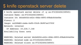 $ knife openstack server delete -P -y os-9723024061589451!
Instance Name: os-9723024061589451!
Instance ID: b6cb66fd-e42c-48dc-8893-89bdc644e06e!
Flavor: 2!
Image: ce268db5-ceda-4a90-93c8-3b987ac3705f!
Network: internal!
IP Address: 10.230.7.148!
Availability Zone: nova!
!
WARNING: Deleted server b6cb66fd-e42c-48dc-8893-89bdc644e06e!
WARNING: Deleted node os-9723024061589451!
WARNING: Deleted client os-9723024061589451
$ knife openstack server delete
 