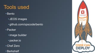 Tools used
• Bento
•JEOS images
•github.com/opscode/bento
• Packer
•image builder
•packer.io
• Chef Zero
• Berkshelf
 