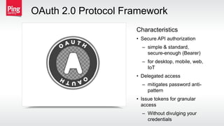 • Secure API authorization
– simple & standard,
secure-enough (Bearer)
– for desktop, mobile, web,
IoT
• Delegated access
– mitigates password anti-
pattern
• Issue tokens for granular
access
– Without divulging your
credentials
Characteristics
OAuth 2.0 Protocol Framework
 