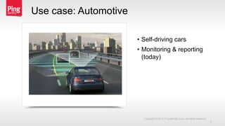 • Self-driving cars
• Monitoring & reporting
(today)
Use case: Automotive
Copyright © 2014 Ping Identity Corp. All rights reserved.
5
 