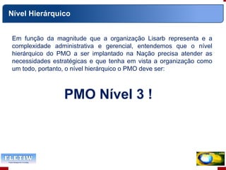 Em função da magnitude que a organização Lisarb representa e a
complexidade administrativa e gerencial, entendemos que o nível
hierárquico do PMO a ser implantado na Nação precisa atender as
necessidades estratégicas e que tenha em vista a organização como
um todo, portanto, o nível hierárquico o PMO deve ser:
PMO Nível 3 !
Nível Hierárquico
 