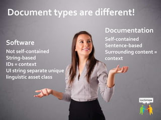 ETUG 2014, May 16, 2014 – Daniel Zielinski, Loctimize
Document types are different!
Documentation
Self-contained
Sentence-based
Surrounding content =
context
Software
Not self-contained
String-based
IDs = context
UI string separate unique
linguistic asset class
 