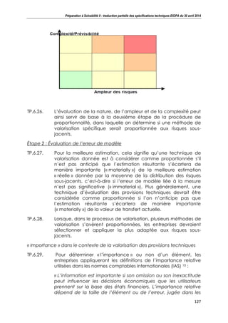 Préparation à Solvabilité II : traduction partielle des spécifications techniques EIOPA du 30 avril 2014
127
TP.6.26. L’évaluation de la nature, de l’ampleur et de la complexité peut
ainsi servir de base à la deuxième étape de la procédure de
proportionnalité, dans laquelle on détermine si une méthode de
valorisation spécifique serait proportionnée aux risques sous-
jacents.
Étape 2 : Évaluation de l’erreur de modèle
TP.6.27. Pour la meilleure estimation, cela signifie qu’une technique de
valorisation donnée est à considérer comme proportionnée s’il
n’est pas anticipé que l’estimation résultante s’écartera de
manière importante (« materially ») de la meilleure estimation
« réelle » donnée par la moyenne de la distribution des risques
sous-jacents, c’est-à-dire si l’erreur de modèle liée à la mesure
n’est pas significative (« immaterial »). Plus généralement, une
technique d’évaluation des provisions techniques devrait être
considérée comme proportionnée si l’on n’anticipe pas que
l’estimation résultante s’écartera de manière importante
(« materially ») de la valeur de transfert actuelle.
TP.6.28. Lorsque, dans le processus de valorisation, plusieurs méthodes de
valorisation s’avèrent proportionnées, les entreprises devraient
sélectionner et appliquer la plus adaptée aux risques sous-
jacents.
« Importance » dans le contexte de la valorisation des provisions techniques
TP.6.29. Pour déterminer « l’importance » ou non d’un élément, les
entreprises appliqueront les définitions de l’importance relative
utilisées dans les normes comptables internationales (IAS) 10 :
« L’information est importante si son omission ou son inexactitude
peut influencer les décisions économiques que les utilisateurs
prennent sur la base des états financiers. L’importance relative
dépend de la taille de l’élément ou de l’erreur, jugée dans les
 