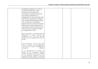 Préparation à Solvabilité II : traduction partielle des spécifications techniques EIOPA du 30 avril 2014
19
les périodes antérieures. À cette fin,
l’entité doit déterminer quelle
proportion des avantages est
imputable à la période courante et
aux périodes antérieures (cf.
paragraphes 70-74) et procéder à des
estimations (hypothèses actuarielles)
des variables démographiques (telles
que la rotation et la mortalité du
personnel) et des variables financières
(telles que les futures augmentations
des salaires et des frais médicaux) qui
influeront sur le coût des avantages
(cf. paragraphes 75-98) ;
(ii) en actualisant ce bénéfice afin de
déterminer la valeur actuelle de
l'obligation et le coût des services
rendus (voir les paragraphes 67-69 et
83-86);
(iii) en déduisant la juste valeur des
actifs du régime (voir paragraphes
113-115) de la valeur actualisée des
obligations définies;
b) en déterminant le montant du
passif net des prestations définies
(actif) comme le montant du déficit
ou de l'excédent déterminé en (a),
ajusté pour limiter l’effet d’un actif de
retraite net au plafonnement de l'actif
 