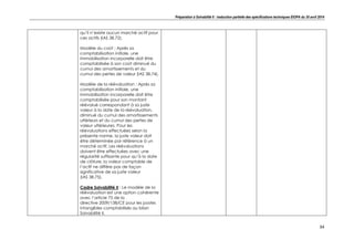 Préparation à Solvabilité II : traduction partielle des spécifications techniques EIOPA du 30 avril 2014
34
qu’il n’existe aucun marché actif pour
ces actifs (IAS 38.72).
Modèle du coût : Après sa
comptabilisation initiale, une
immobilisation incorporelle doit être
comptabilisée à son coût diminué du
cumul des amortissements et du
cumul des pertes de valeur (IAS 38.74).
Modèle de la réévaluation : Après sa
comptabilisation initiale, une
immobilisation incorporelle doit être
comptabilisée pour son montant
réévalué correspondant à sa juste
valeur à la date de la réévaluation,
diminué du cumul des amortissements
ultérieurs et du cumul des pertes de
valeur ultérieures. Pour les
réévaluations effectuées selon la
présente norme, la juste valeur doit
être déterminée par référence à un
marché actif. Les réévaluations
doivent être effectuées avec une
régularité suffisante pour qu’à la date
de clôture, la valeur comptable de
l’actif ne diffère pas de façon
significative de sa juste valeur
(IAS 38.75).
Cadre Solvabilité II : Le modèle de la
réévaluation est une option cohérente
avec l’article 75 de la
directive 2009/138/CE pour les postes
intangibles comptabilisés au bilan
Solvabilité II.
 