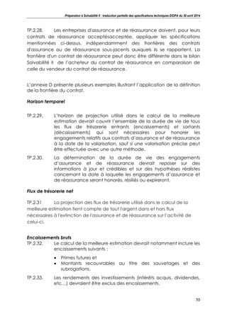 Préparation à Solvabilité II : traduction partielle des spécifications techniques EIOPA du 30 avril 2014
70
TP.2.28. Les entreprises d'assurance et de réassurance doivent, pour leurs
contrats de réassurance acceptésacceptée, appliquer les spécifications
mentionnées ci-dessus, indépendamment des frontières des contrats
d'assurance ou de réassurance sous-jacents auxquels ils se rapportent. La
frontière d'un contrat de réassurance peut donc être différente dans le bilan
Solvabilité II de l’acheteur du contrat de réassurance en comparaison de
celle du vendeur du contrat de réassurance.
L’annexe D présente plusieurs exemples illustrant l’application de la définition
de la frontière du contrat.
Horizon temporel
TP.2.29. L’horizon de projection utilisé dans le calcul de la meilleure
estimation devrait couvrir l’ensemble de la durée de vie de tous
les flux de trésorerie entrants (encaissements) et sortants
(décaissements) qui sont nécessaires pour honorer les
engagements relatifs aux contrats d’assurance et de réassurance
à la date de la valorisation, sauf si une valorisation précise peut
être effectuée avec une autre méthode.
TP.2.30. La détermination de la durée de vie des engagements
d’assurance et de réassurance devrait reposer sur des
informations à jour et crédibles et sur des hypothèses réalistes
concernant la date à laquelle les engagements d’assurance et
de réassurance seront honorés, résiliés ou expireront.
Flux de trésorerie net
TP.2.31 La projection des flux de trésorerie utilisé dans le calcul de la
meilleure estimation tient compte de tout l'argent dans et hors flux
nécessaires à l'extinction de l'assurance et de réassurance sur l’activité de
celui-ci.
Encaissements bruts
TP.2.32. Le calcul de la meilleure estimation devrait notamment inclure les
encaissements suivants :
Primes futures et
Montants recouvrables au titre des sauvetages et des
subrogations.
TP.2.33. Les rendements des investissements (intérêts acquis, dividendes,
etc…) devraient être exclus des encaissements.
 