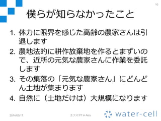 僕らが知らなかったこと
1. 体力に限界を感じた高齢の農家さんは引
退します
2. 農地法的に耕作放棄地を作るとまずいの
で、近所の元気な農家さんに作業を委託
します
3. その集落の「元気な農家さん」にどんど
ん土地が集まります
4. 自然に（土地だけは）大規模になります
2014/05/17 エフスタ!! in Aizu
10
 