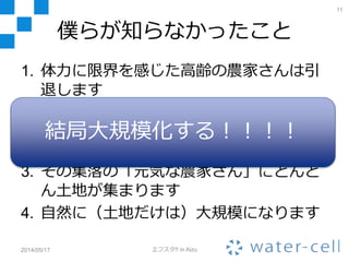僕らが知らなかったこと
1. 体力に限界を感じた高齢の農家さんは引
退します
2. 農地法的に耕作放棄地を作るとまずいの
で、近所の元気な農家さんに作業を委託
します
3. その集落の「元気な農家さん」にどんど
ん土地が集まります
4. 自然に（土地だけは）大規模になります
2014/05/17 エフスタ!! in Aizu
11
結局大規模化する！！！！
 