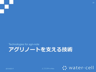 アグリノートとは
• http://www.agri-note.jp/
• 農作業記録システム
– 農薬使用量なども入力可
• Googleマップ/Yahoo地図
• Webアプリ＆Android
• マスタ登録以外はマウス操作中心で簡単
• 最大の特長：利用料が安い
– 年額40k（月額換算:3.33k）
– 同系統のシステムは月額200k〜400k程度が相場
（そもそも法人向けばかり）
2014/05/17 エフスタ!! in Aizu
20
 