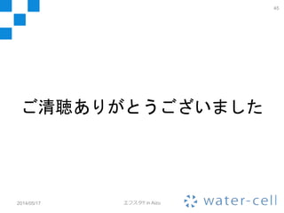 45
2014/05/17 エフスタ!! in Aizu
仕事に興味を持ってくれた方
→是非一度遊びに来てください
知り合いに困ってる農家さんが居る方
→アグリノートを紹介してみてください
連絡先
Mail: y.nakagawa[at]water-cell.jp
Twitter: @Nkzn
Facebook: yukiya.nakagawa
 
