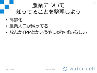 農業について
知ってることを整理しよう
• 高齢化
• 農業人口が減ってる
• なんかTPPとかいうやつがやばいらしい
2014/05/17 エフスタ!! in Aizu
5
 