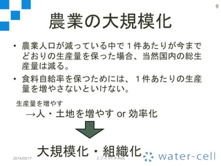 農業の大規模化
• 農業人口が減っている中で１件あたりが今まで
どおりの生産量を保った場合、当然国内の総生
産量は減る。
• 食料自給率を保つためには、１件あたりの生産
量を増やさないといけない。
2014/05/17 エフスタ!! in Aizu
9
生産量を増やす
→人・土地を増やす or 効率化
大規模化・組織化
 