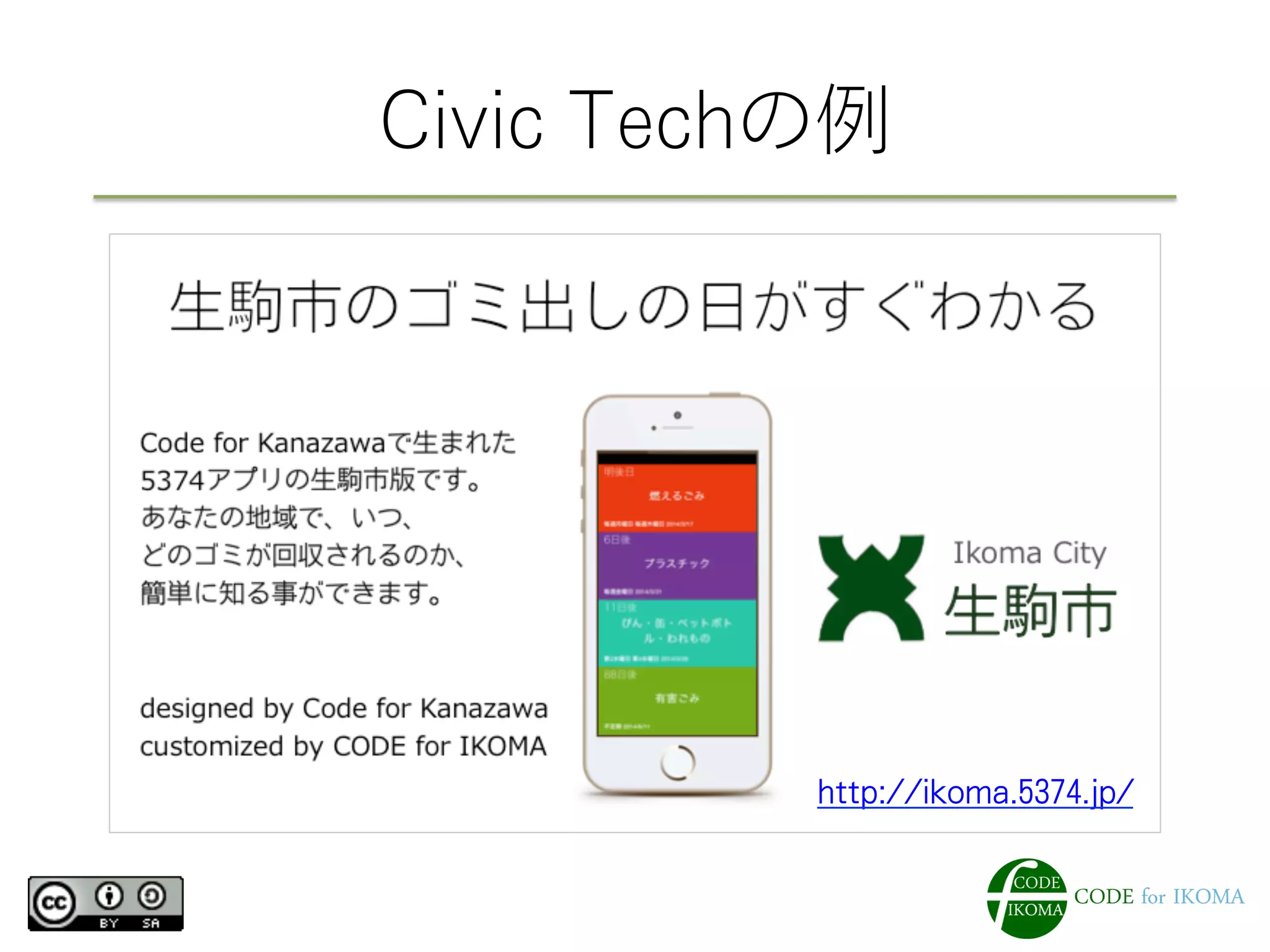 Civic Techの例
http://ikoma.5374.jp/
 